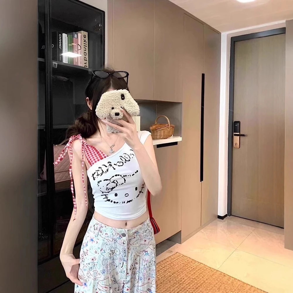 夏季新款卡通印花拼接格子系带短袖t恤女装修身一体式带胸垫显瘦