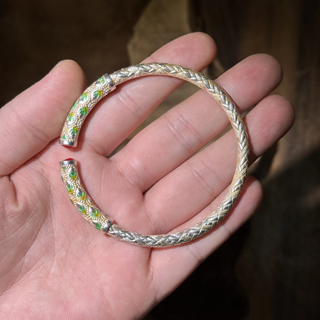 非金属珐琅手镯 K327孔雀翎珐琅彩编织纹银镯（无礼盒）