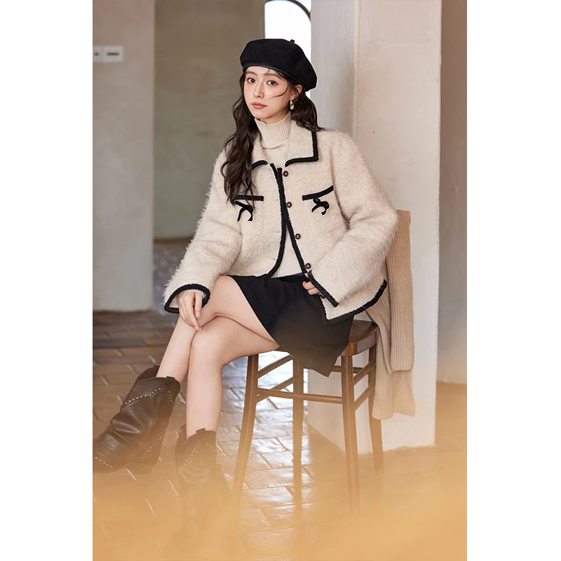 【年末大促】谜秀新品高级感仿羊羔毛圆领短款夹克外套女秋冬季外搭