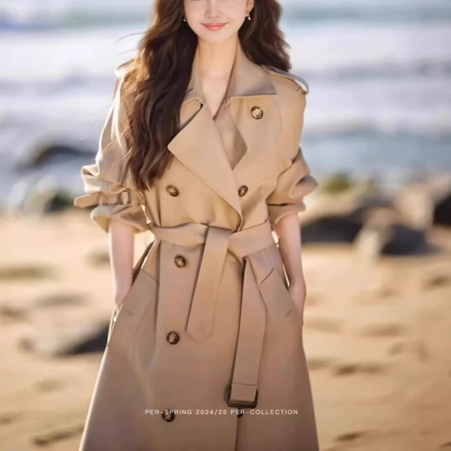 卡其色风衣外套女2024春秋季新款中长款小个子英伦风女生风衣外套
