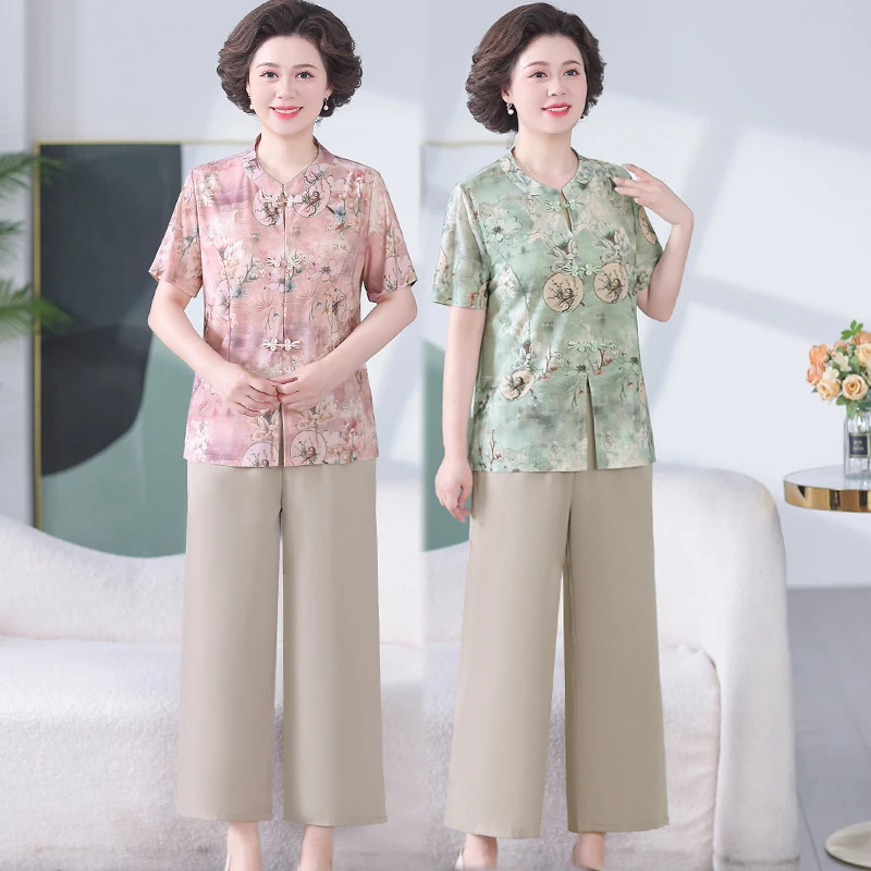 中老年女装小衫洋气宽松新中式妈妈装夏季薄款时尚T恤套装两件套