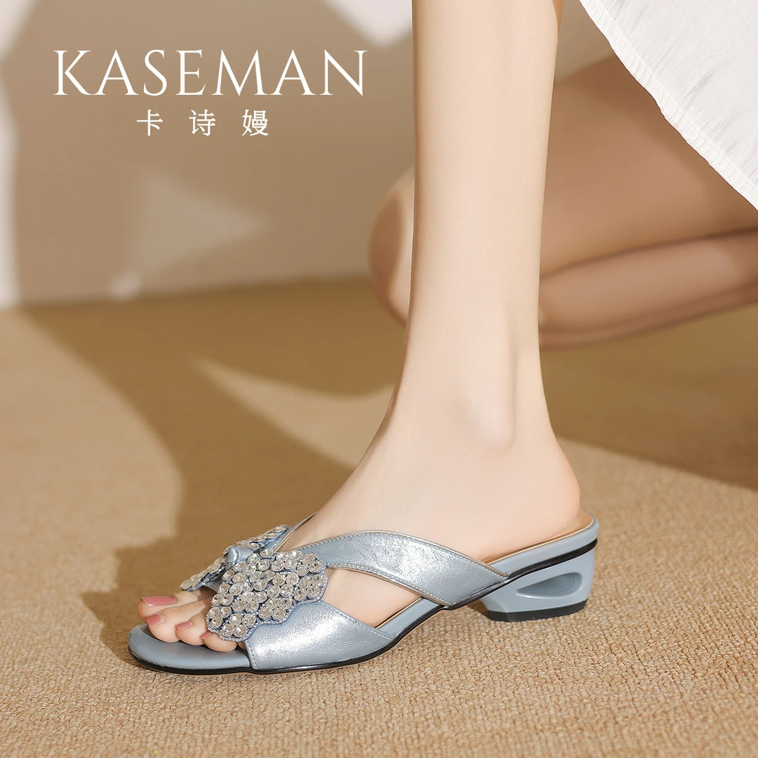 【跟高3cm】圆头一字拖鞋女外穿法式蝴蝶结露趾粗跟仙女风凉拖1908