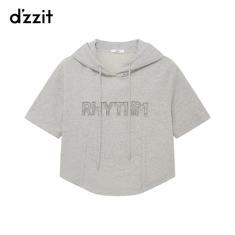 dzzit地素卫衣夏季贴布烫水钻设计休闲连帽短袖上衣女3I2J103