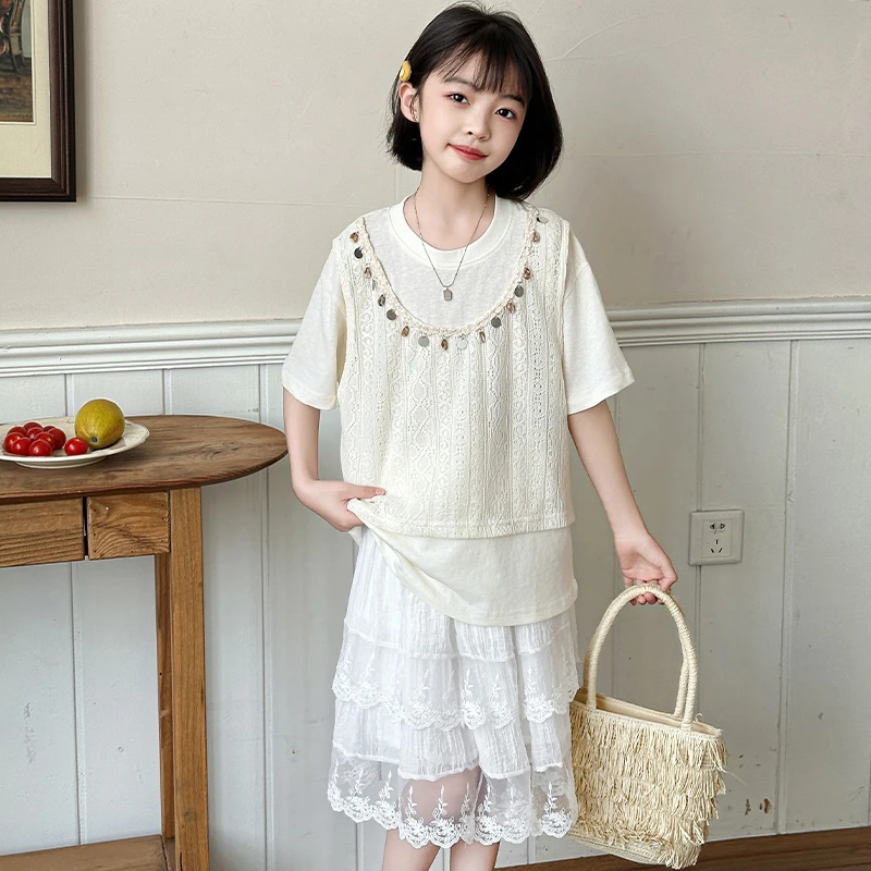 女童半身裙套装夏季2025新款儿童洋气中大童假两件T恤短袖两件套t