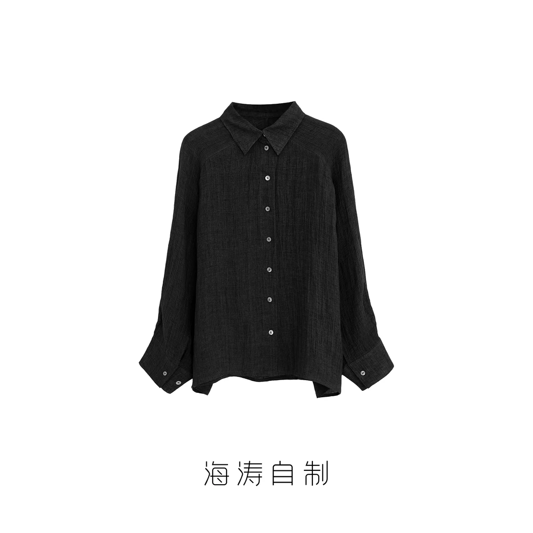 【海涛大叔】「麻忆东方」32支100%亚麻褶皱感纽扣长袖衬衫