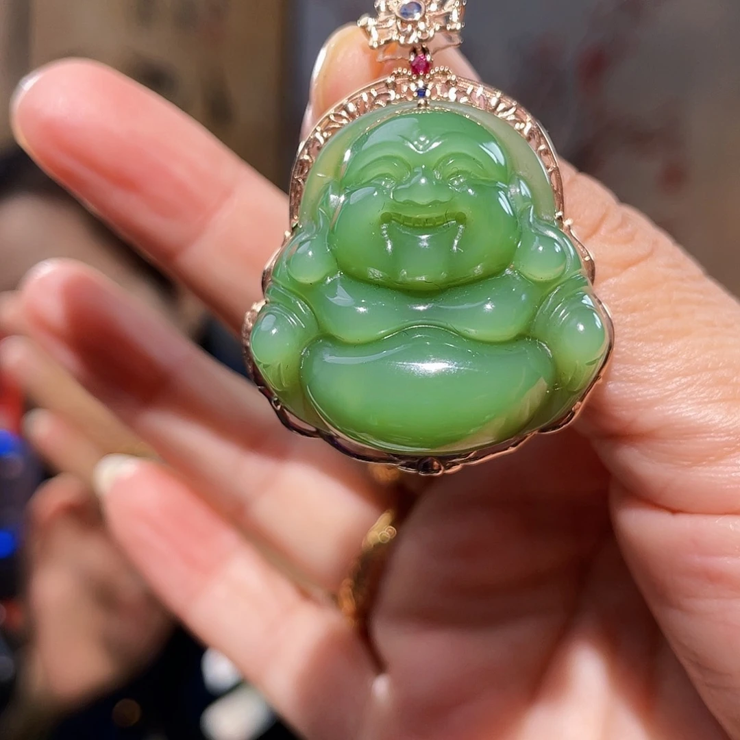 和田玉（碧玉）18K金镶嵌颈饰碧玉佛公