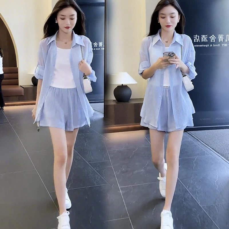 时尚小香风防晒套装女夏新款欧货洋气宽松减龄衬衫休闲短裤两件套
