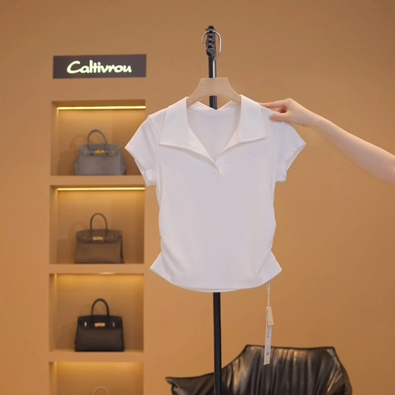 2025夏季休闲新款正肩压褶修身显瘦气质减龄气质短袖T恤上衣1085