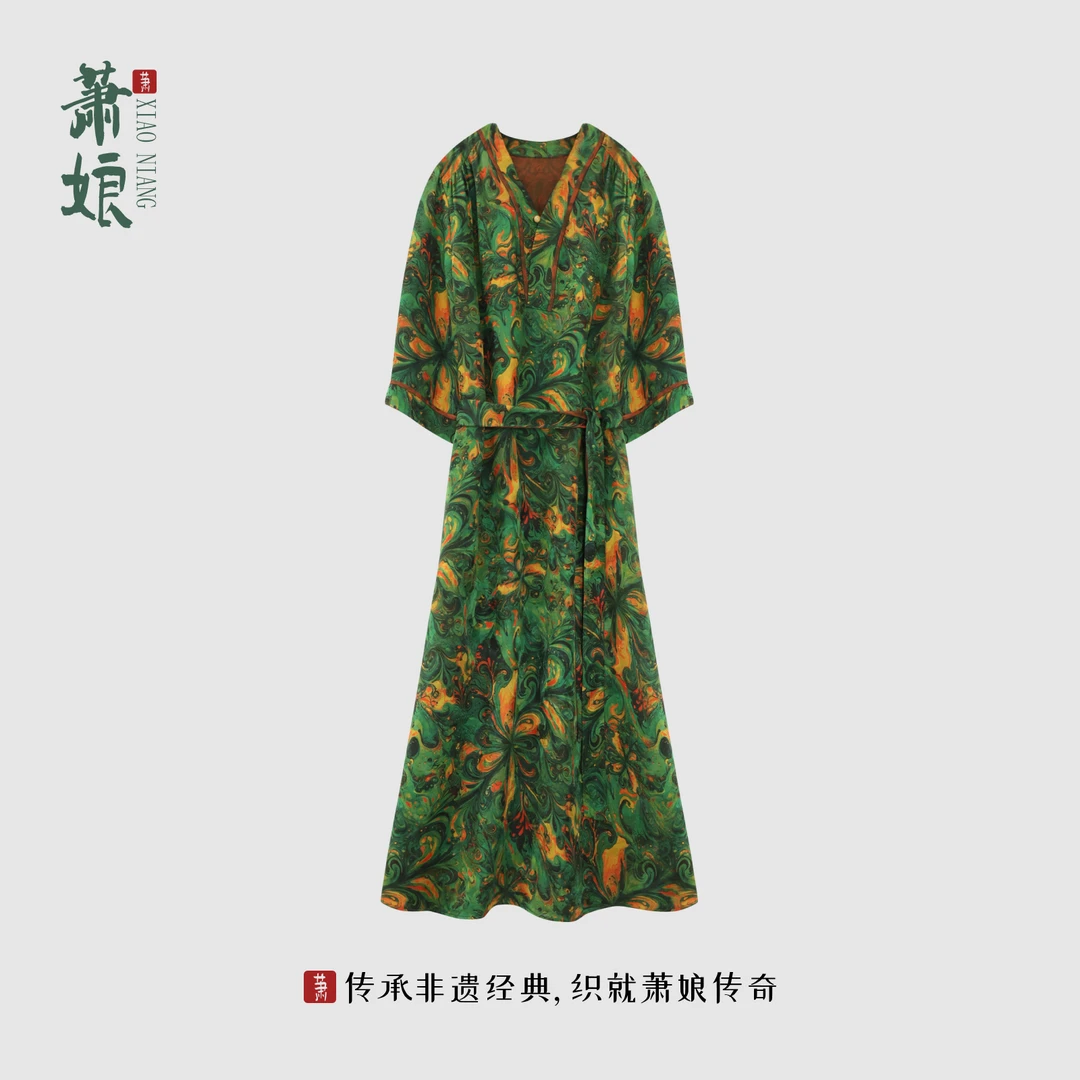 萧娘【蝴蝶油画】红云纱长袖连衣裙新中式桑蚕丝长裙宽松女裙5673