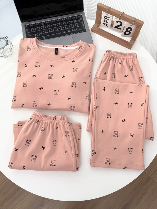 夏季新款女士带胸垫纯棉睡衣套装时尚简约可外出家居服