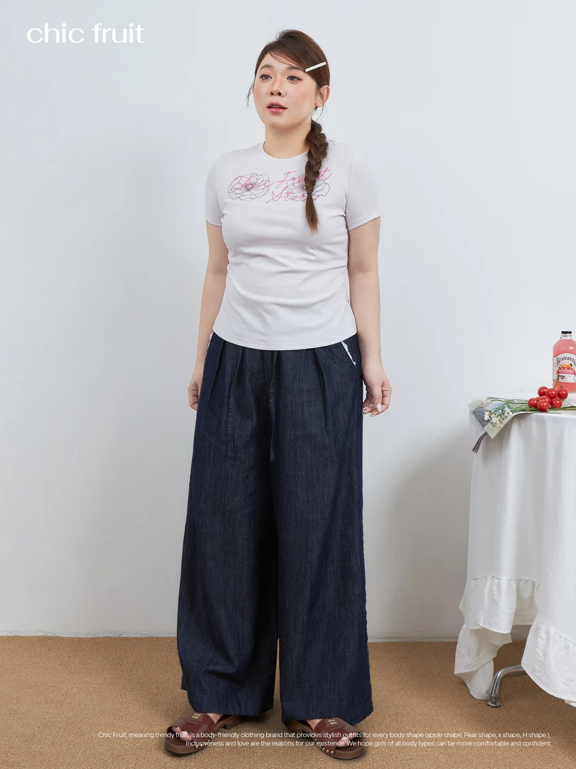 Chic Fruit大码微胖复古宽松花边阔腿牛仔裤