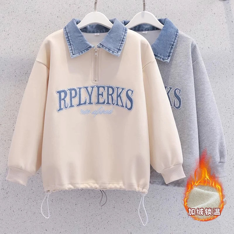 女童卫衣秋冬款新款洋气假两件牛仔领加绒加厚韩版宽松儿童上衣潮