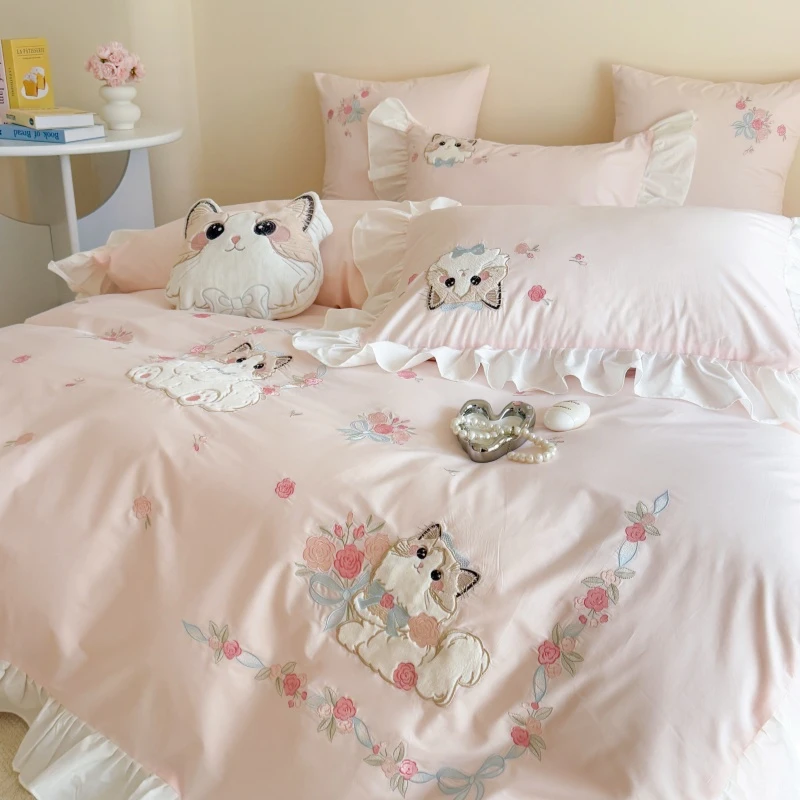 可爱猫咪少女心纯棉水洗棉四件套全棉公主风被套儿童床单床上用品