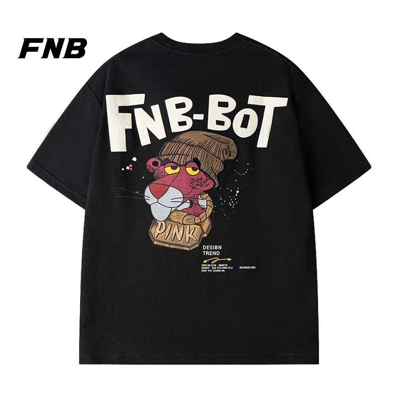FNB潮牌夏季新款美式潮流刺绣粉红豹卡通印花短袖t恤男女同款情侣