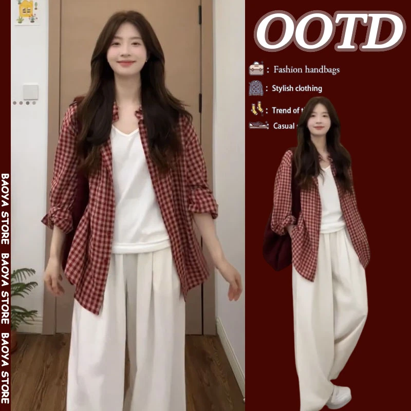 夏季穿搭一整套2025新款宽松慵懒格子衬衫背心休闲阔腿裤三件套装