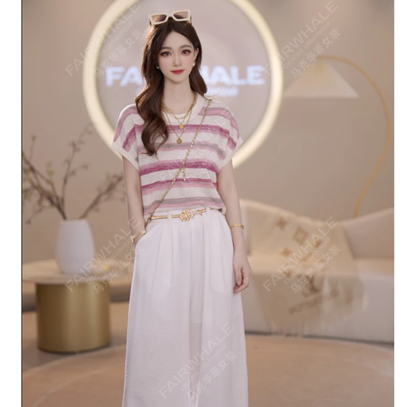 马克华菲女装夏季2025圆领短袖时尚针织T恤小衫显瘦条纹设计 v