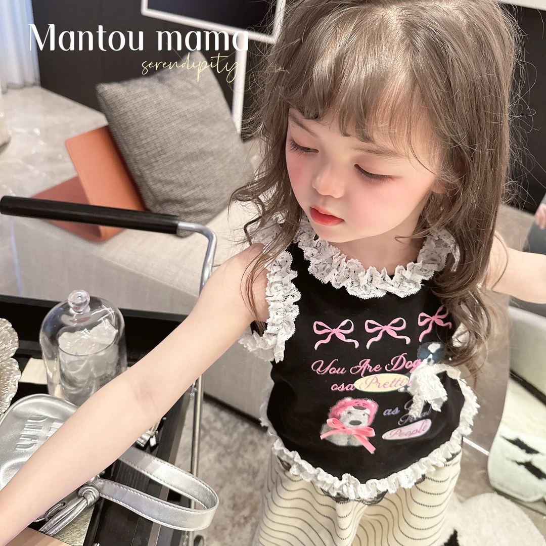 【馒头家】【热闹go动员】【现货】甜美蕾丝纯色卡通狗夏季女童精致上衣