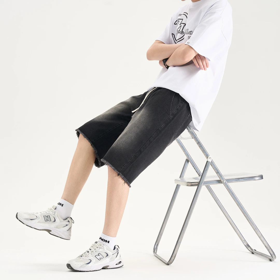 ZMOH美式高街水洗做旧宽松直筒简约休闲运动百搭牛仔短裤男女同款