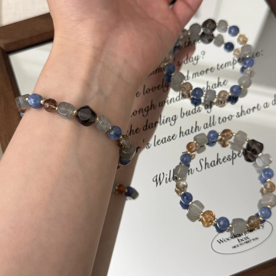 Y73【月与海】天然水晶手串蓝晶石黑金超七糖豆7-8咪多样性发其一