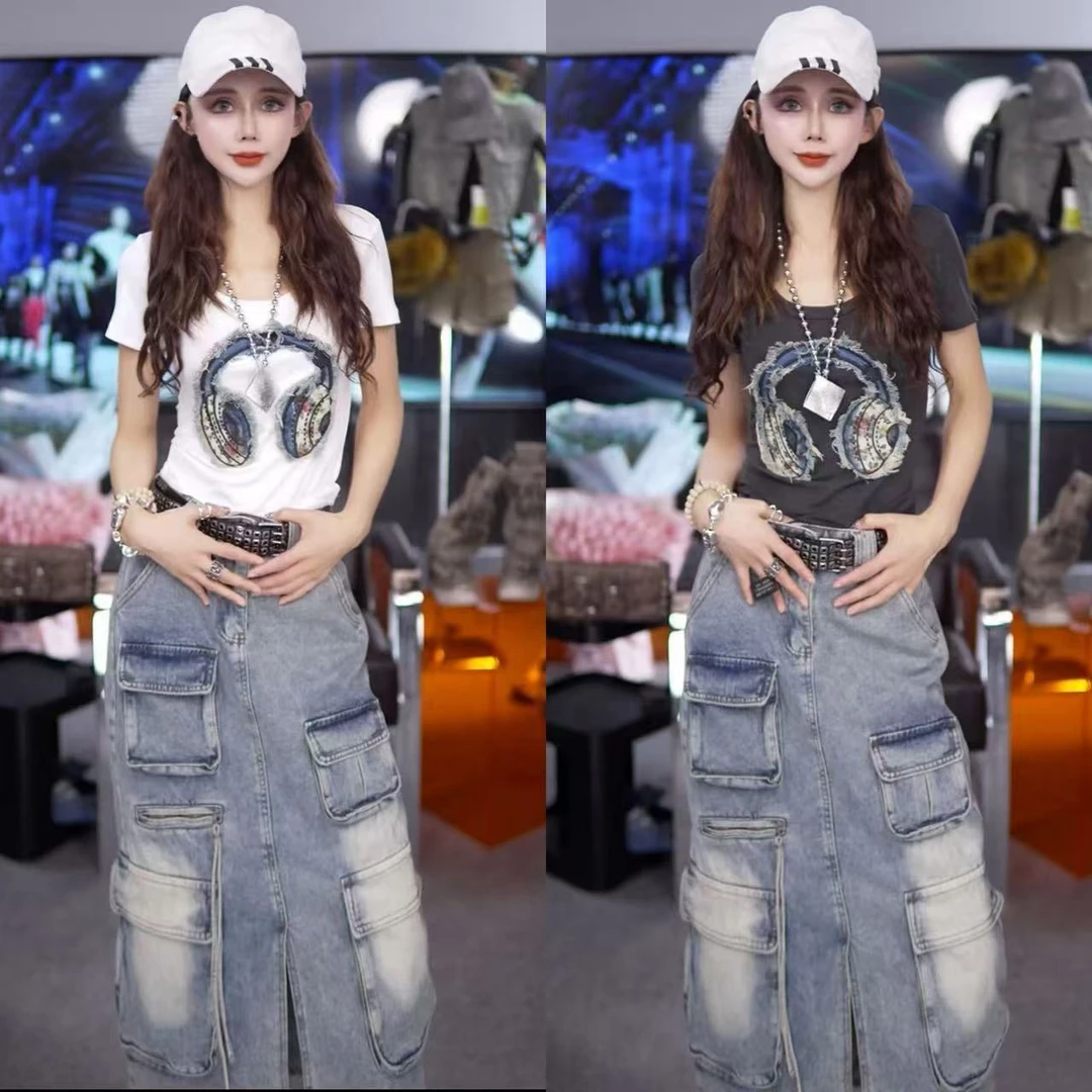 星宝定制韩国东大门夏季韩版耳机牛仔贴花短袖T恤女圆领辣妹上衣