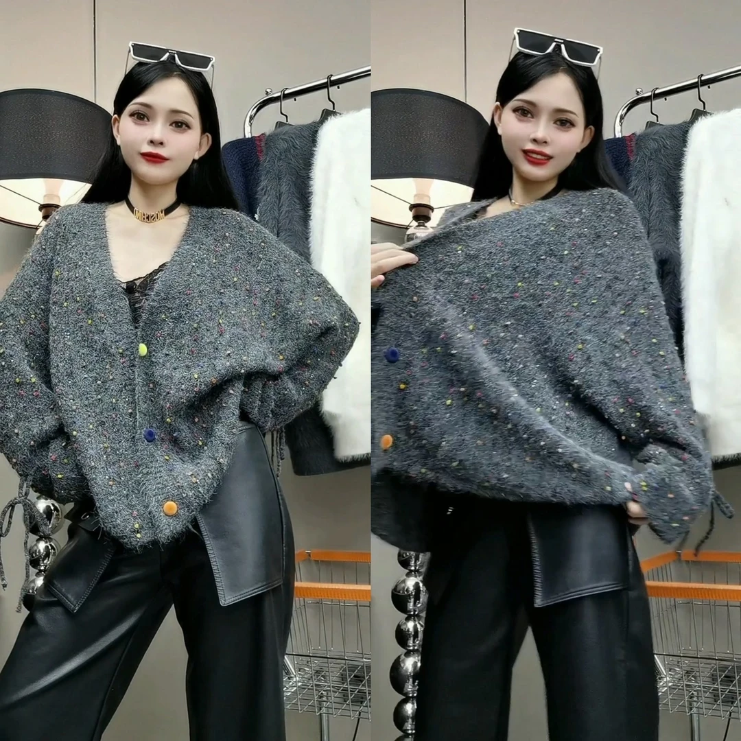 慵懒风重工亮片绑带针织彩扣开衫女秋冬新款喇叭袖软糯毛衣外套