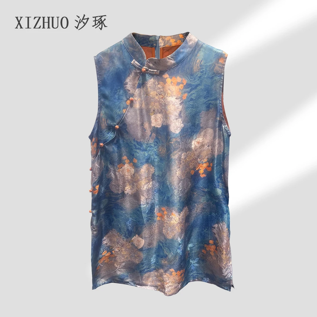 立领无袖花纹无袖背心百搭夏季薄款复古香云纱上衣