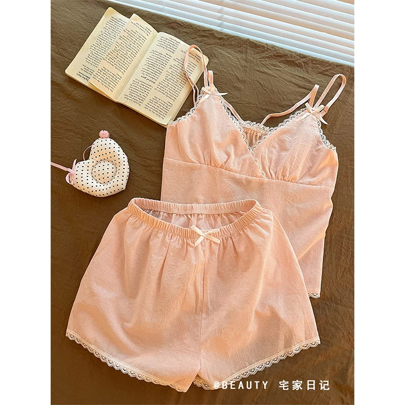 【蕾丝花边】纯欲条纹吊带睡衣女夏季2025新款背心短裤居家服套装