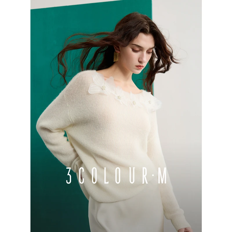 三彩2025春季新款立体花朵针织衫两穿一字领毛衫宽松优雅M