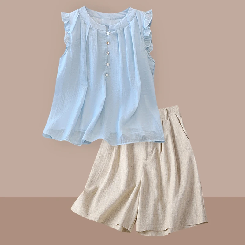 高端轻奢亚麻休闲套装女妈妈夏季洋气减龄苎麻无袖衬衫短裤两件套