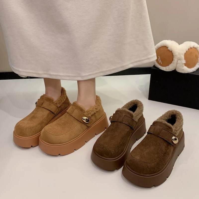 牛皮勃肯鞋女冬季加绒保暖搭子厚底一脚蹬毛毛鞋W-33