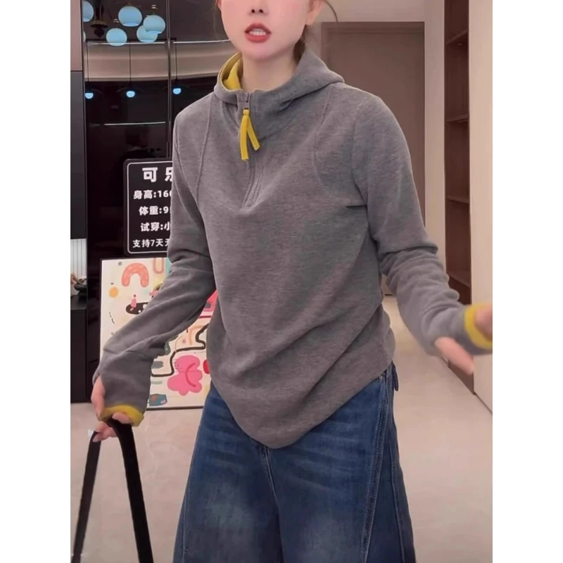 双面绒撞色半拉链连帽打底衫女2025年秋冬新款韩版保暖发热绒帽衫