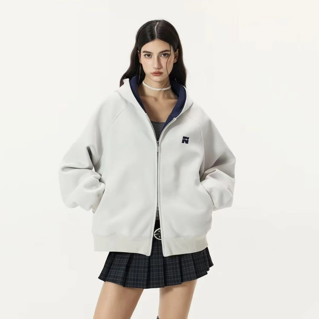 春秋新款微短款撞色刺绣双拉链开衫卫衣男女460g情侣连帽休闲外套