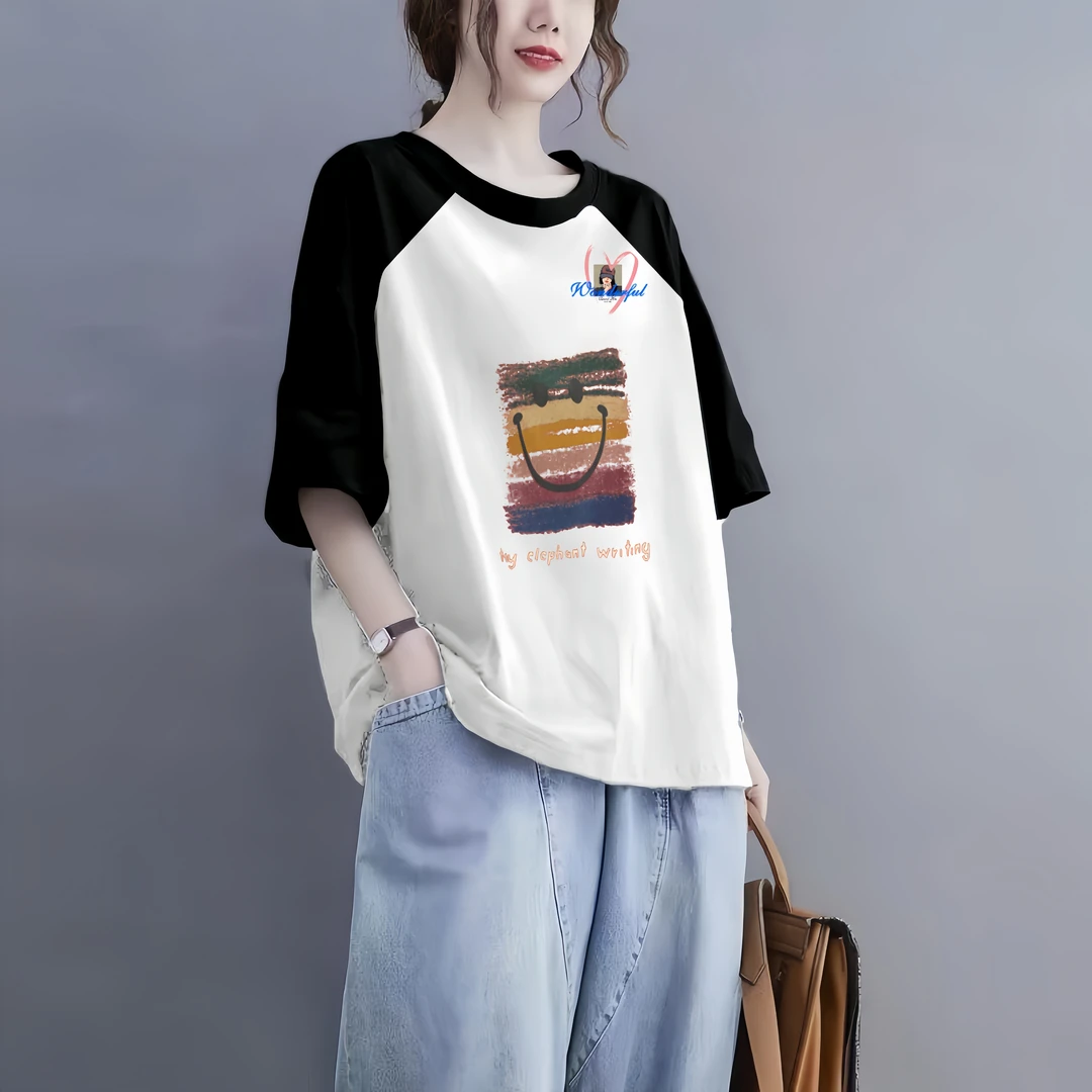 100%纯棉t恤女夏季2025新款大码200斤宽松百搭时尚擦肩短袖衫显瘦