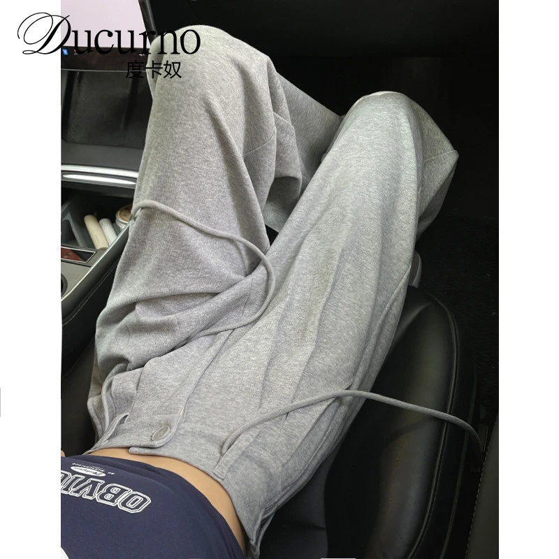 灰色运动裤春秋款窄版阔腿裤女夏高腰垂感拖地小个子直筒休闲卫裤