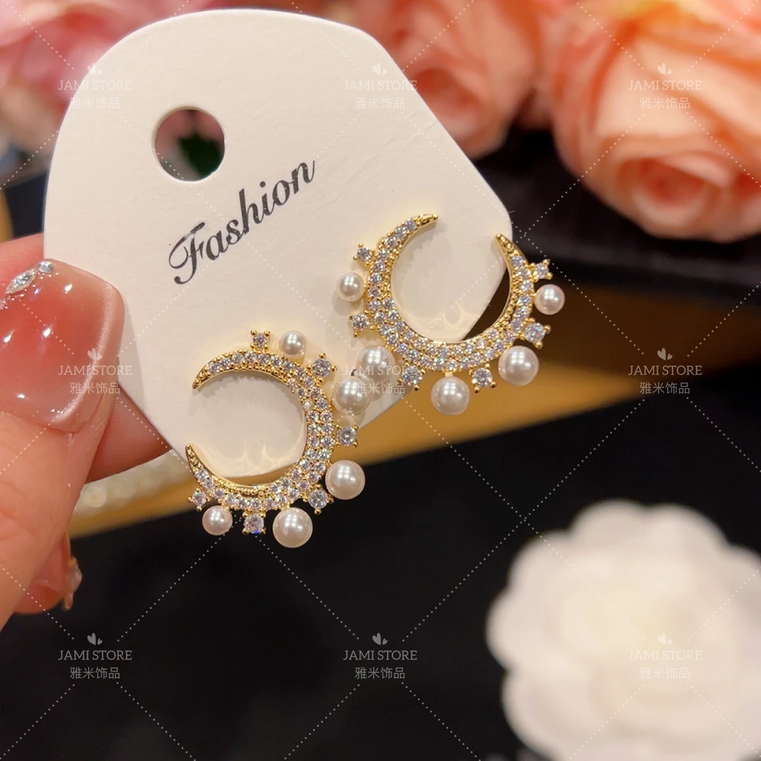 镀K金 Jami 满钻月亮珠珠耳环轻奢气质小众精致