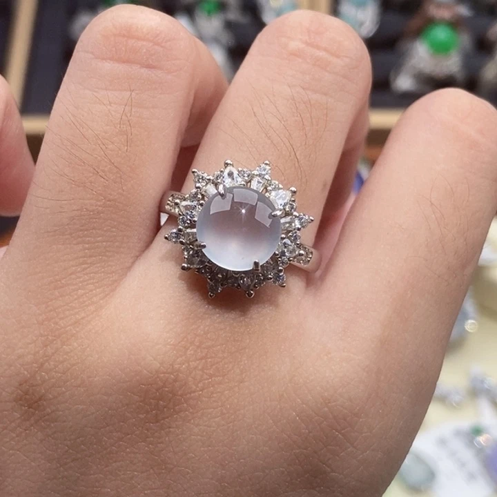 翡翠戒指银S925镶嵌纯天然缅甸翡翠A货戒指