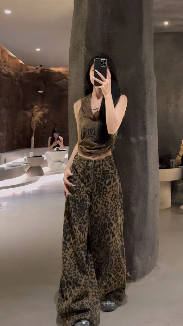 美式高街工装阔腿豹纹牛仔裤女春季高腰宽松显瘦直筒裤拖地裤911