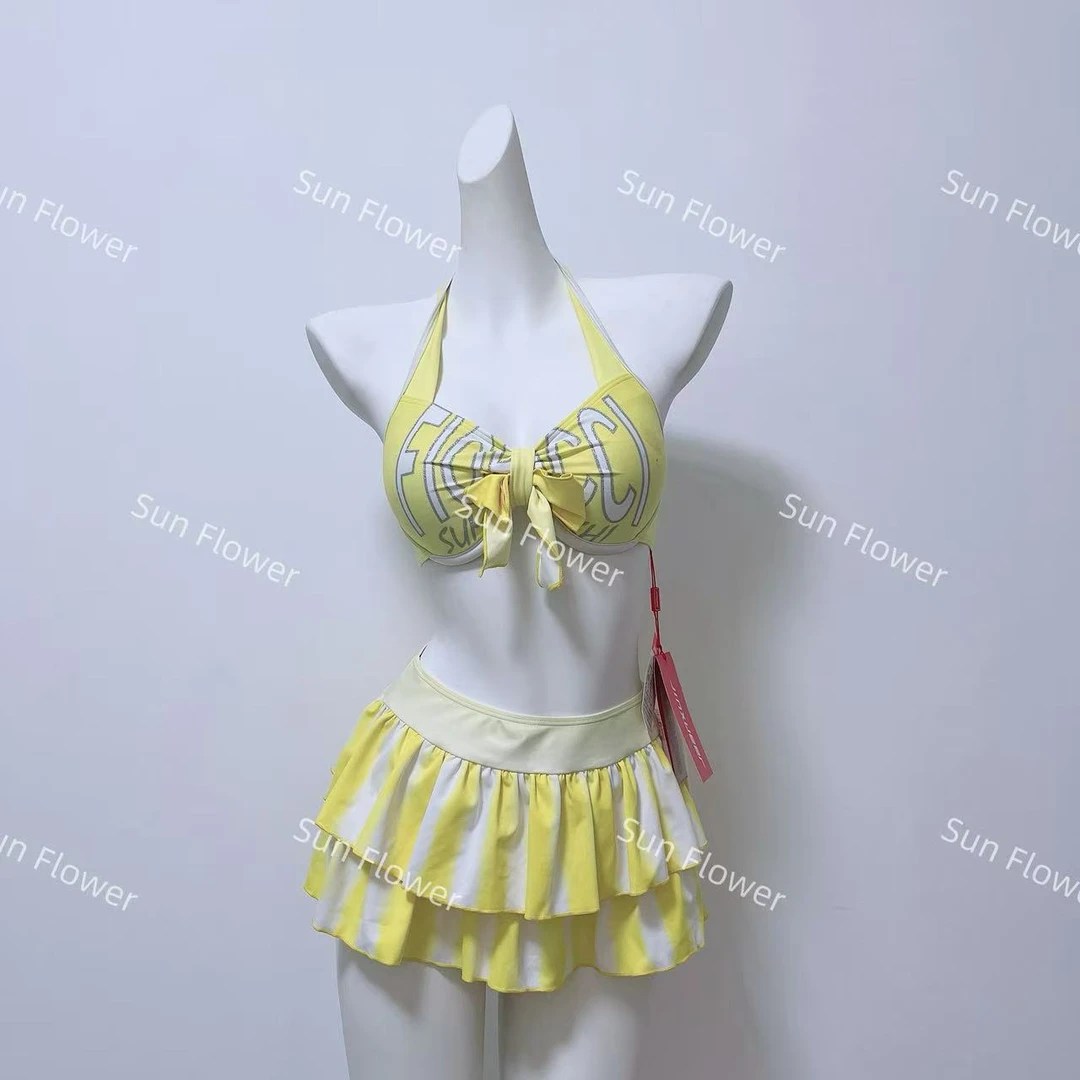 美式风两种颜色比基尼三件套泳衣度假温泉可爱泳衣