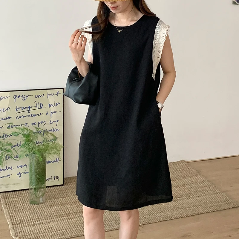 2025夏季新款设计感天丝亚麻圆领拼接花边袖口连衣裙显瘦中长款