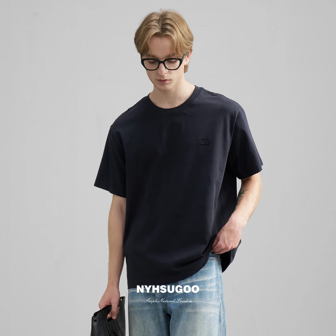 NYHSUGOO/南乙夏季贴布绣短袖T恤休闲男士全棉3600重磅圆领短袖