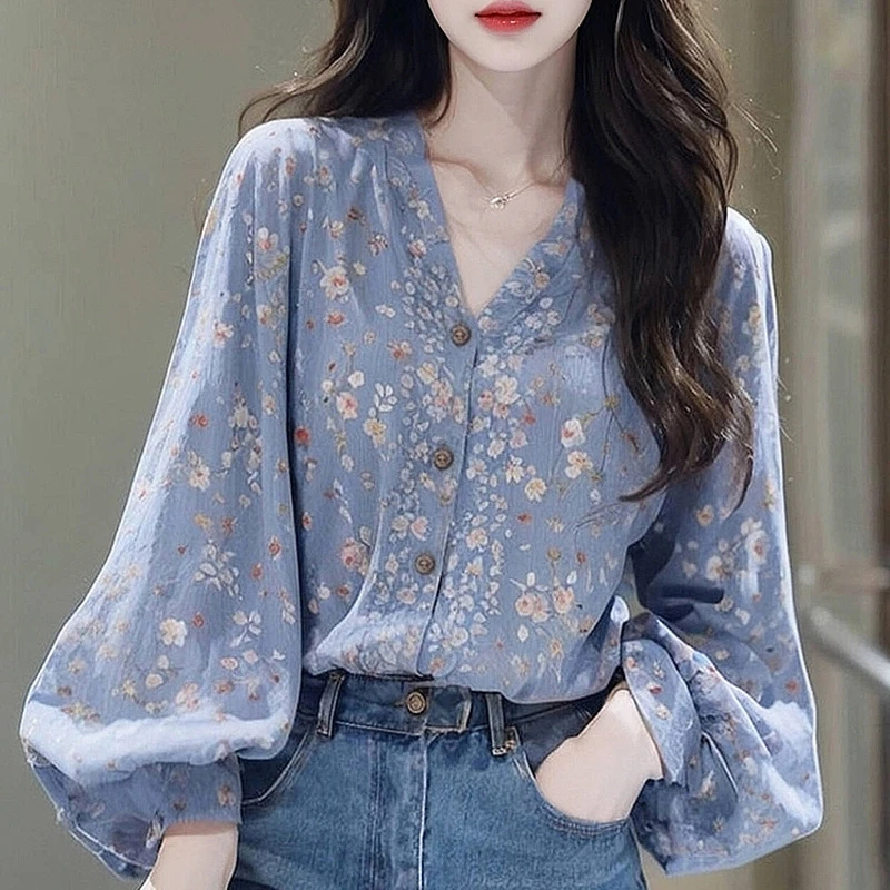 初秋法式绝美独特淑女气质森系蓝色碎花长袖衬衫上衣女宽松慵懒风