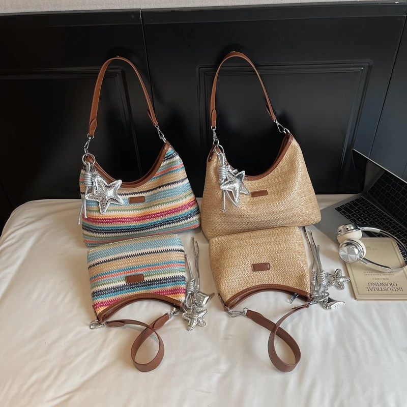 【XH033】2025爆款彩虹草编单肩包防刮编织小清新腋下包