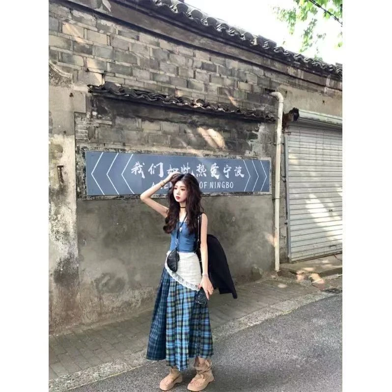 复古辣妹套装女性感蓝色吊带背心夏季格纹百褶裙半身裙韩系两件套