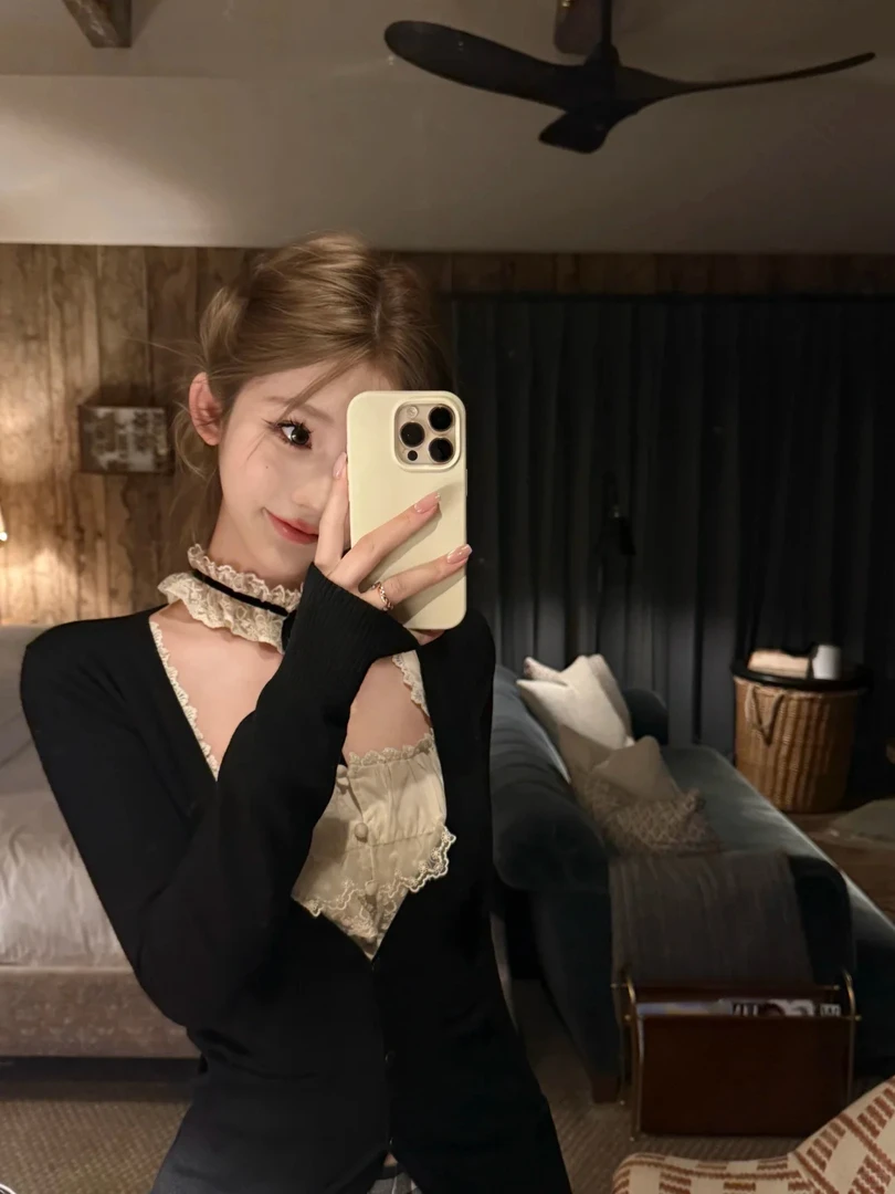 vtg千金 中古蕾丝花边背心女设计感方领无袖上衣搭配高腰短裤套装