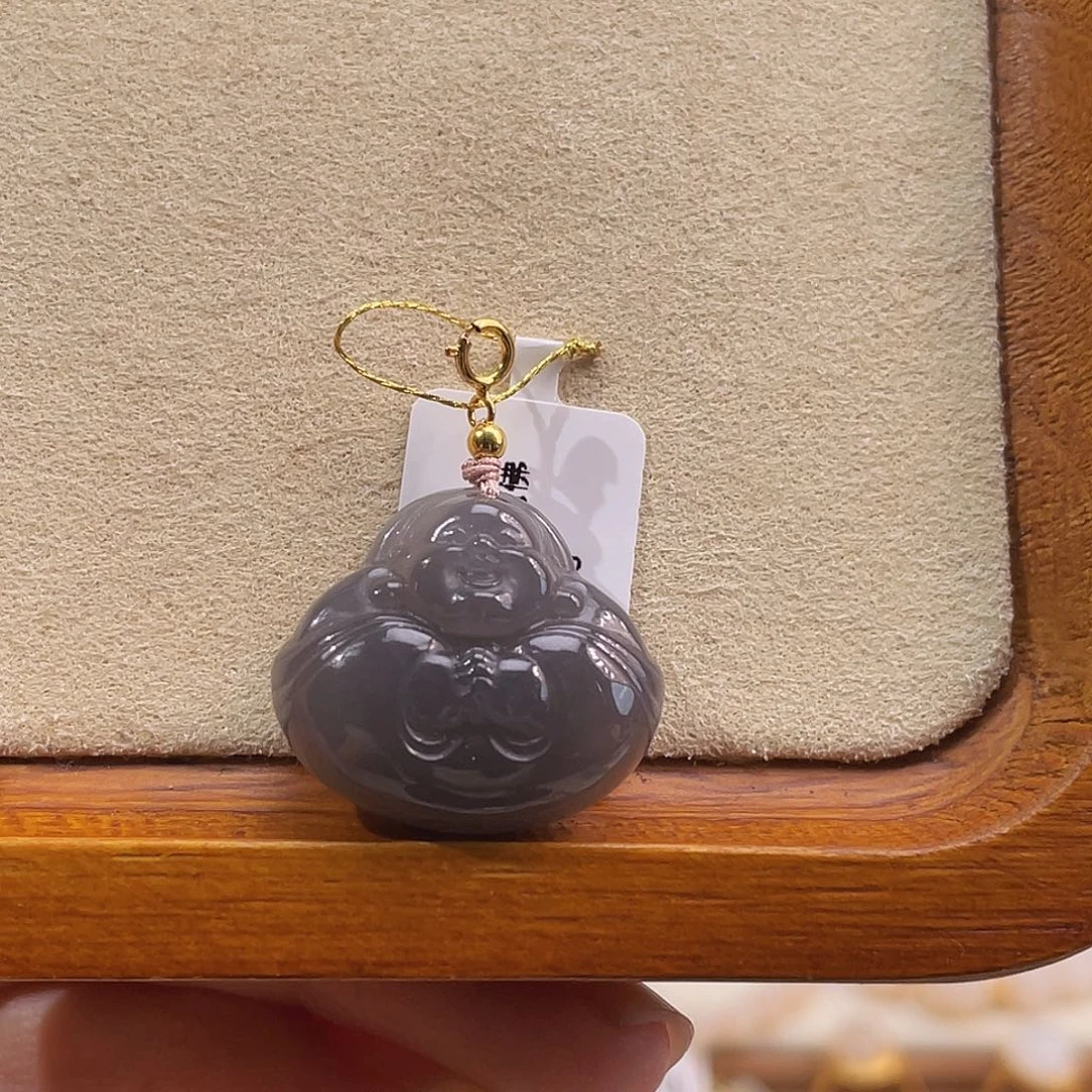 吊坠(不含链)18K金镶嵌和田玉浓紫抱抱佛