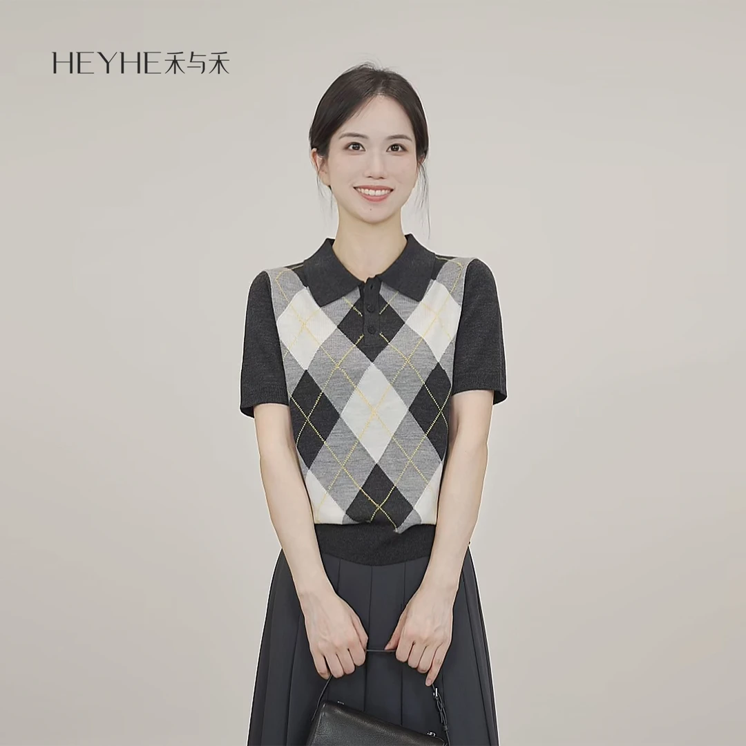 小禾【优等生】德国扬子100精纺羊毛黑白菱格女士POLO领针织衫短袖