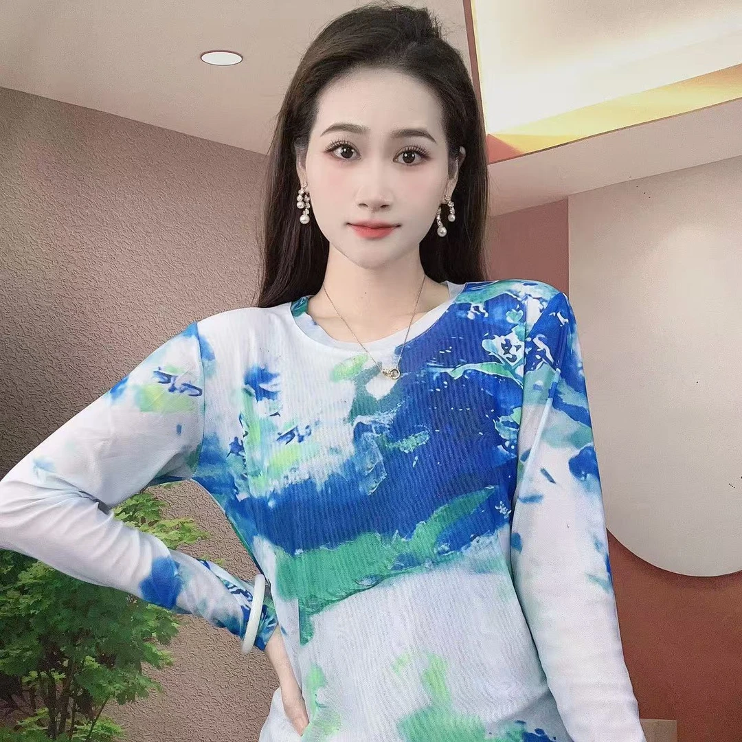 2025夏季新款长袖圆领肌肤纱时尚显瘦印花T恤上衣A091