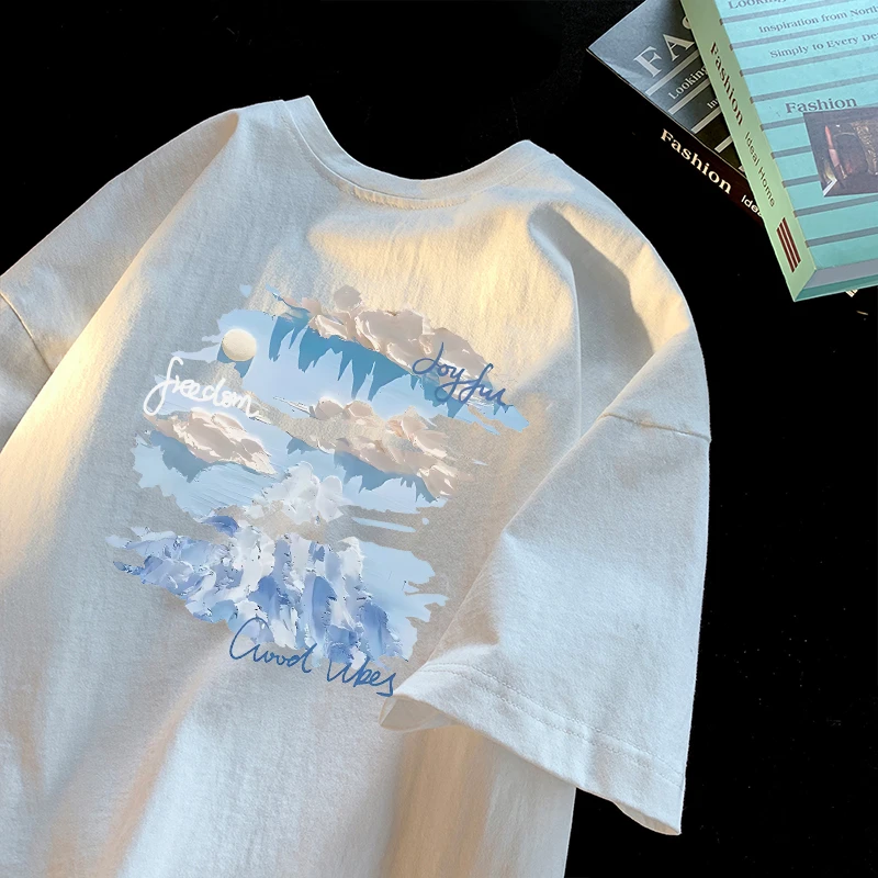 重磅纯棉短袖t恤男士百搭夏季宽松潮牌印花五分半袖上衣服体恤衫