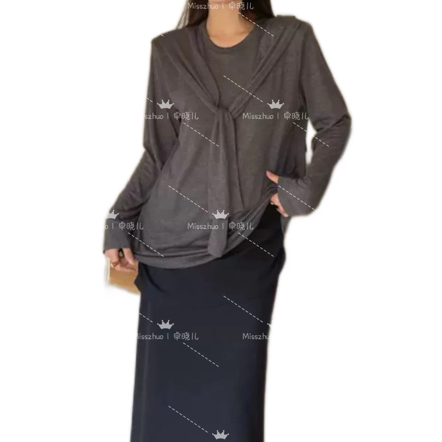 Miss zhuo 假两件披肩宽松打底衫T恤百搭春季休闲套头纯棉ins