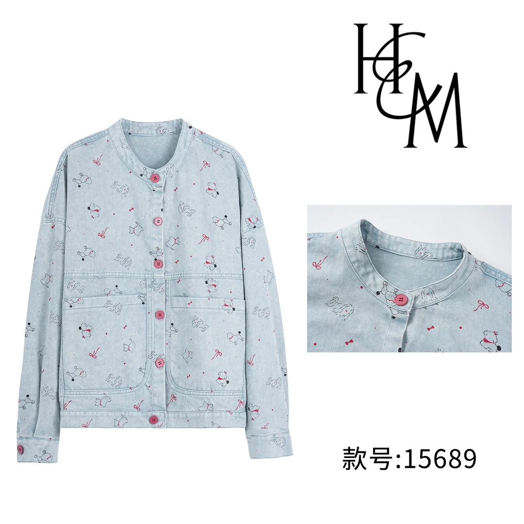 HUIERMAN/慧尔曼时尚琥珀流光小狗印花大口袋圆领牛仔外套【15689】